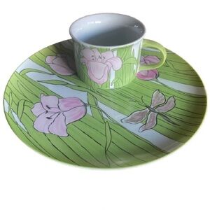 Franci Villa Vanilla Palm Beach Pink Tulip Dragonfly 11” Plate & Mug Beautiful